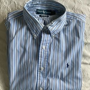 RALPH LAUREN Custom Fit Blue & White Button Down Dress Shirt Mens 16.5 - 34/35
